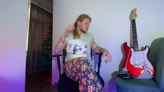 Young long-haired guy shows his body and feet and then masturbates his cock with two hands and cum