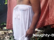 Preview 1 of I could see her boobs shape and her nipples over her wet dress එහා ගෙදර අක්කා නානවා