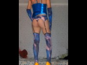 Preview 4 of My sexy new metallic blue dress and garter and suspenders