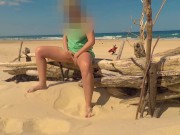 Preview 6 of PUBLIC BEACH July fingering and squirting with stranger surfers behind her WET PUSSY