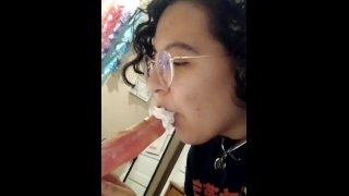 Femboy Licks Whip Cream Off Dildo