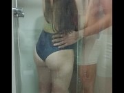 Preview 1 of Dry humping in the shower while wearing bathing suit, very wet and tight