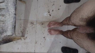Dirty muddy bathroom my feets stepping there