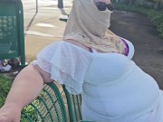 Preview 3 of BBW SSBBW - Mature hijab Milf masturbating with big dildo publicly at bus stop with cars passing by
