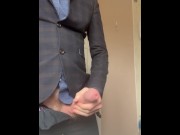 Preview 1 of Suited manager wanking into the sink using his big cock - hard, hung and horny shirt and tie cumming