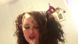 Redhead MILF giving a sloppy late night blowjob and swallow