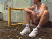 Preview 4 of College boy fingering ass and jerking off outside