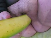 Preview 5 of Chubby girl with huge pussy fucks herself with large cucumber (SOUND ON)