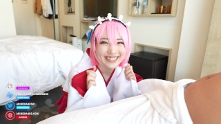 Japanese cosplayer cosplays as an anime character and gives a man a handjob.