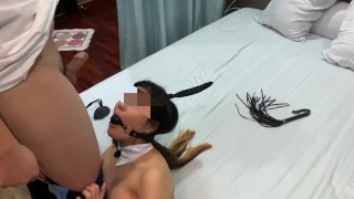 Asian slut with perfect ass spanked, hogtied and face fucked by big cock. VERY SLOPPY