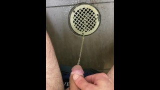 caught naughty pissing jerking off into floor drain of public woman restroom desperate moaning messy