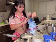 Preview 3 of Slutty Asian Girl Bakes Cupcakes in Seethrough Lingerie - Popular Tiktoker Thehalococo sexy cooking