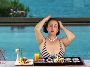 Preview 1 of Regina Noir. Tits teasing at swimming pool. Nudist hotel. Nudism outdoors.