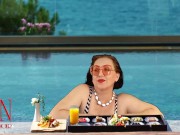 Preview 2 of Regina Noir. Tits teasing at swimming pool. Nudist hotel. Nudism outdoors.
