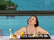 Preview 5 of Regina Noir. Tits teasing at swimming pool. Nudist hotel. Nudism outdoors.