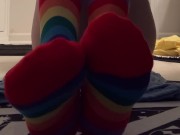 Preview 1 of Peeing in white panties and rainbow thigh high socks