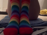 Preview 4 of Peeing in white panties and rainbow thigh high socks