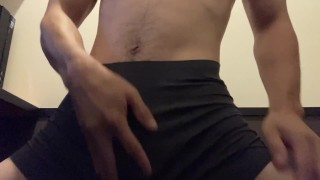Wild, muscular man aroused by adult big tits video masturbates and ruts.