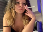 Preview 1 of Curly haired girl smokes a late night cigarette and touches her body!