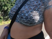 Preview 2 of Wife talking a walk through park in mesh shirt and bra