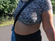 Preview 3 of Wife talking a walk through park in mesh shirt and bra