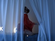 Preview 3 of A mature woman with Japanese hair wearing a red undergarment masturbates alone in the dim light.
