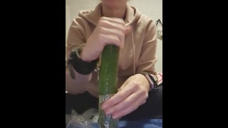 Piss whore wife fucking herself with a cucumber filling a glass with her squirt then drinking it