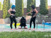 Preview 2 of Duo Domme Poolside Ballbusting - Lady Bellatrix and Ms Sinstress give the pool boy a lesson