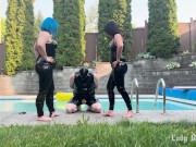 Preview 3 of Duo Domme Poolside Ballbusting - Lady Bellatrix and Ms Sinstress give the pool boy a lesson