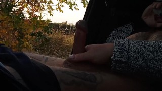 my wife jerks off my dick in the car in nature close up