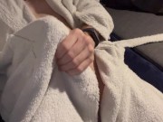 Preview 4 of Bathrobe wearing big cock straight guy masturbates to cumshot while watching sexy video from friend