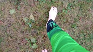 POV Earthing my feet indian style on a table at the park