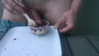 Masturbating and cumshot on food