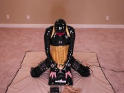 Preview 4 of Rubber Doll Tied To a MotorBunny - Tiny latex slut is tied tightly and made to cum hard!