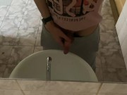 Preview 1 of Pissing in a public toilet in the sink, filming through the mirror