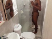 Preview 3 of Fit stud bathing after masturbating / Play in the shower Huge dick having fun/huge soft black cock