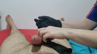 I inserted  long NAIL  in my husband's PEEHOLE and BLOCKED his CUM! (fishnet fetish gloves handjob)