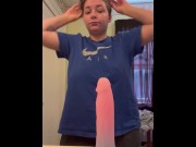 Preview 2 of BIG TITTY MILF GAGS & FUCKS HER THOAT WITH HER 8 INCH DILDO