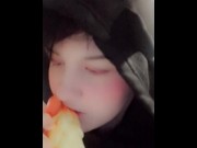 Preview 2 of Femboy goth twink records himself sucking toy just been inside him