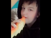 Preview 3 of Femboy goth twink records himself sucking toy just been inside him
