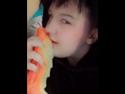 Preview 4 of Femboy goth twink records himself sucking toy just been inside him