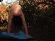 Preview 2 of Asian twink does naked yoga in a naturist pink orchard on the last hot days of the nudist year