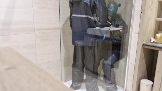 Rainwear pissing and doggy in the shower