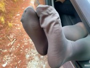 Preview 5 of Goddess Foot Teasing In Gray Opaque Pantyhose In The Car