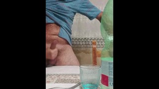 before dinner my girlfriend bangs my cock on the table....and gives me a nice handjob with cumshot