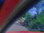 Preview 2 of Outdoor roadside exhibitionism, showing my natural tits on the road and in the public river