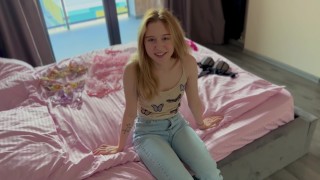 Beautiful morning anal with a warm creampie in a cute teen girl's ass
