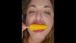 Devil BBW eat and suck pop sicle as a dick