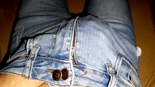 Striptease and surprisingly huge cumshots onto my torn blue jeans 😱🍌💧