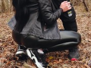 Preview 2 of Outdoor Blowjob and Facefuck with a Massive Facial for Ponytail Brunette in Leather Suite